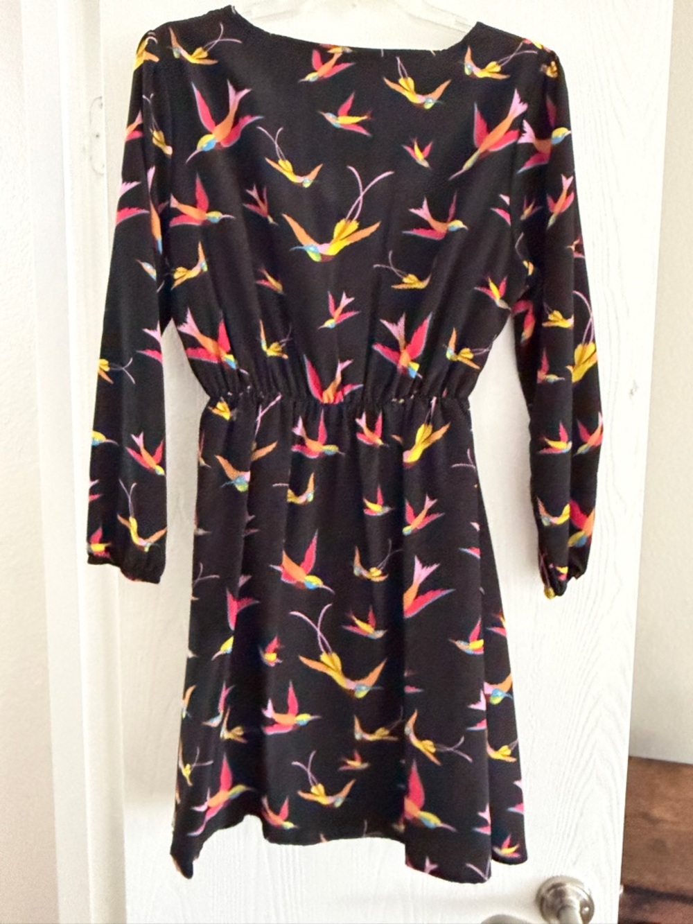Women's Black Midi Dress with Multicolor Bird Print
